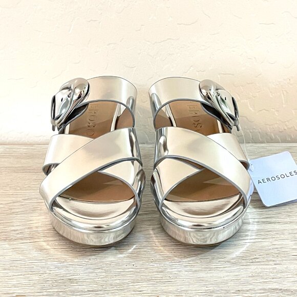 New Aerosoles Sandals Platform Heels 6 Collin Mirrored Silver Slides in Box - Picture 3 of 12